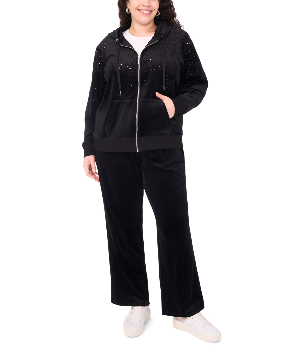 Vince Camuto Plus Size Velour Zip-front Hoodie Jacket In Black