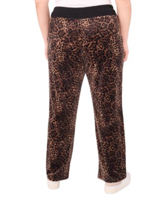 Plus Size Velour Animal-Print Drawstring-Waist Straight-Leg Pants