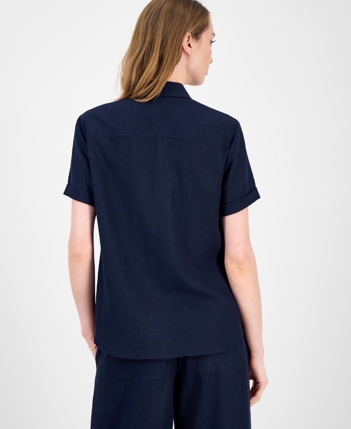 Tommy Hilfiger Women's Cuffed Short-sleeve Camp Shirt In Blue