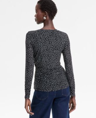 Women's Printed Long-Sleeve Draped Mesh Top