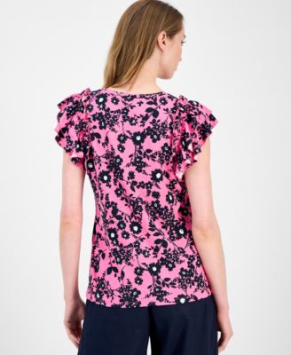 Women's Floral Ruffled Cap-Sleeve Top