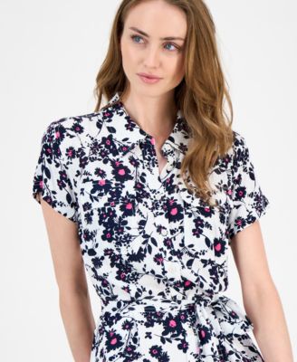 Women's Floral Belted Tiered Shirtdress