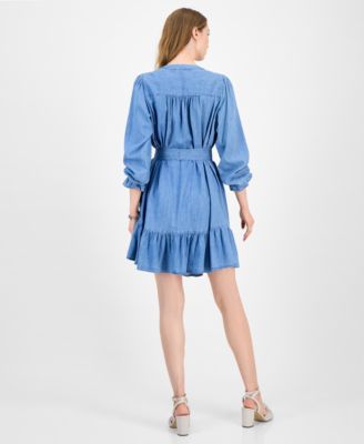 Women's Belted Ruffled Chambray Dress