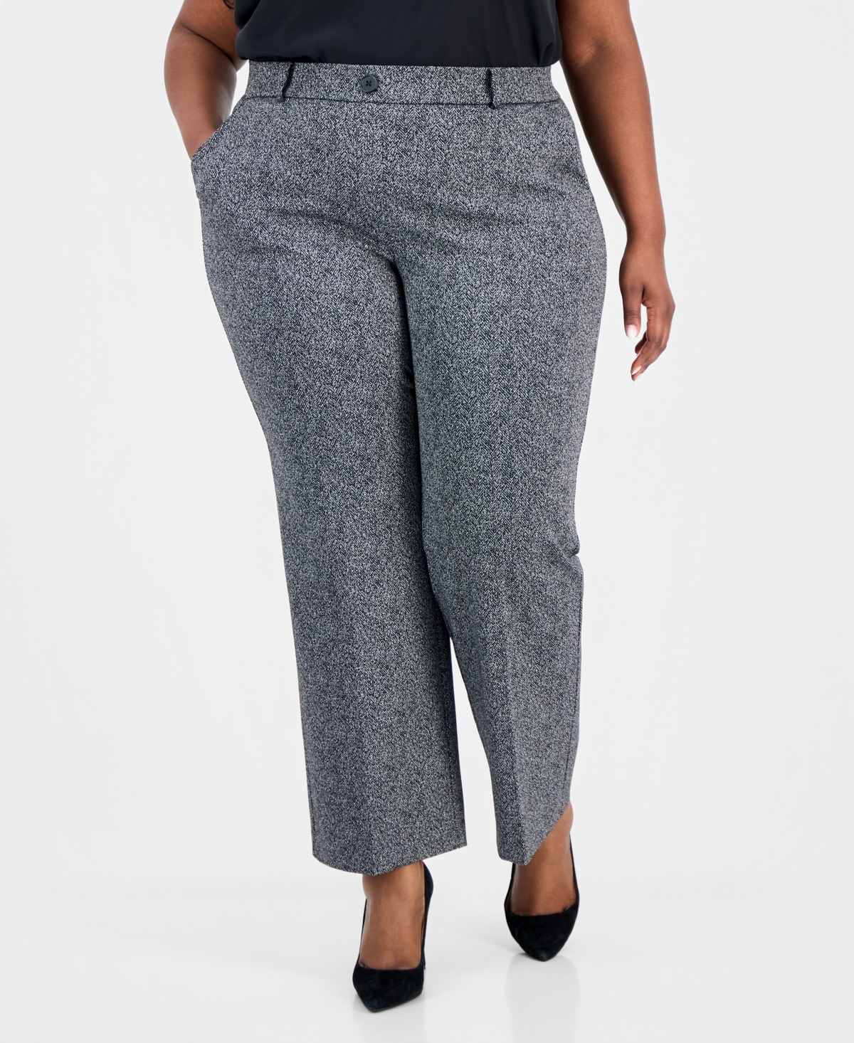 Kasper Plus Herringbone High-Rise Wide-Leg Pants