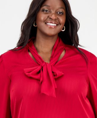 Plus Size Satin Stripe Tie-Neck Long-Sleeve Top