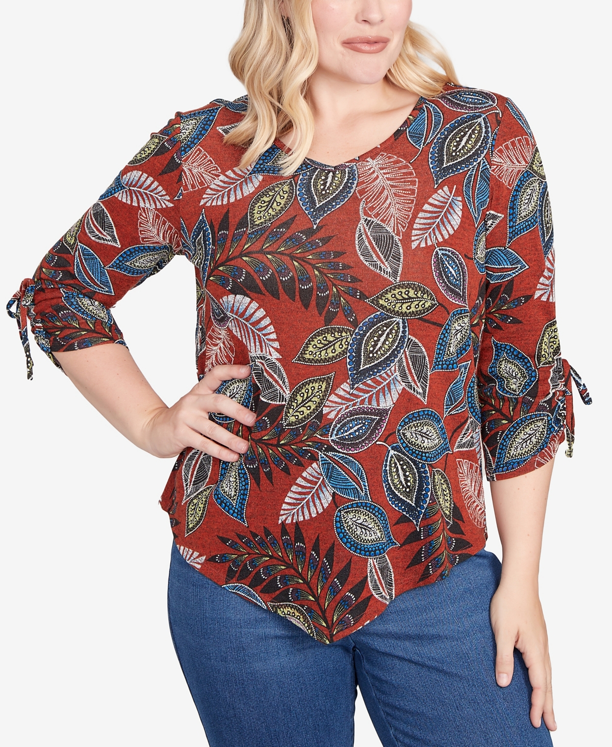 Alfred Dunner Women's Sunset Canyon Batik Leaves Melange Asymmetrical Top