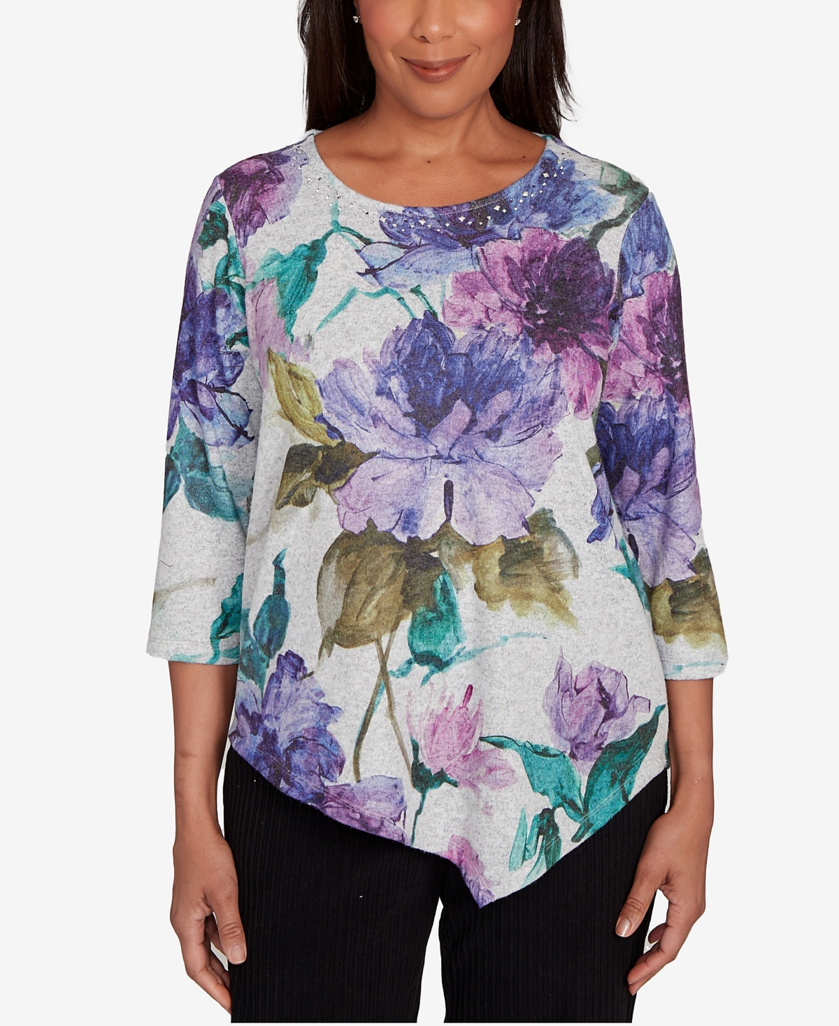 Alfred Dunner Women's Lake Champlain Asymmetrical Watercolor Flower Top