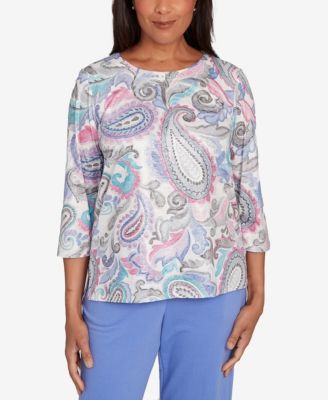 Women's Casual Vibe Pleated Paisley Crew Neck Top
