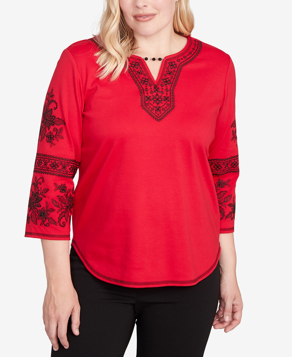 Alfred Dunner Women's Jet Setter Knit Embroidered Sleeve Beaded Split Neck Top