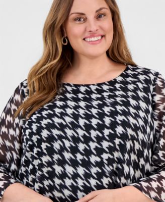 Women's Plus Size Houndstooth Ruffle Sleeve Top
