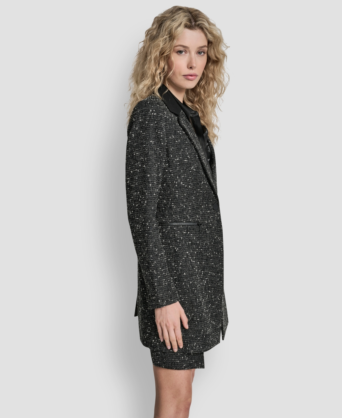 Dkny Womens Tweed Topper Jacket Pleated Mini Skirt Long Sleeve Collared Neck Top In Brown