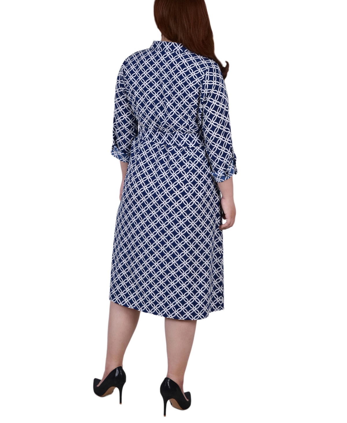 Ny Collection Plus Size 3/4 Roll Tab Sleeve Belted Shirtdress In Blue