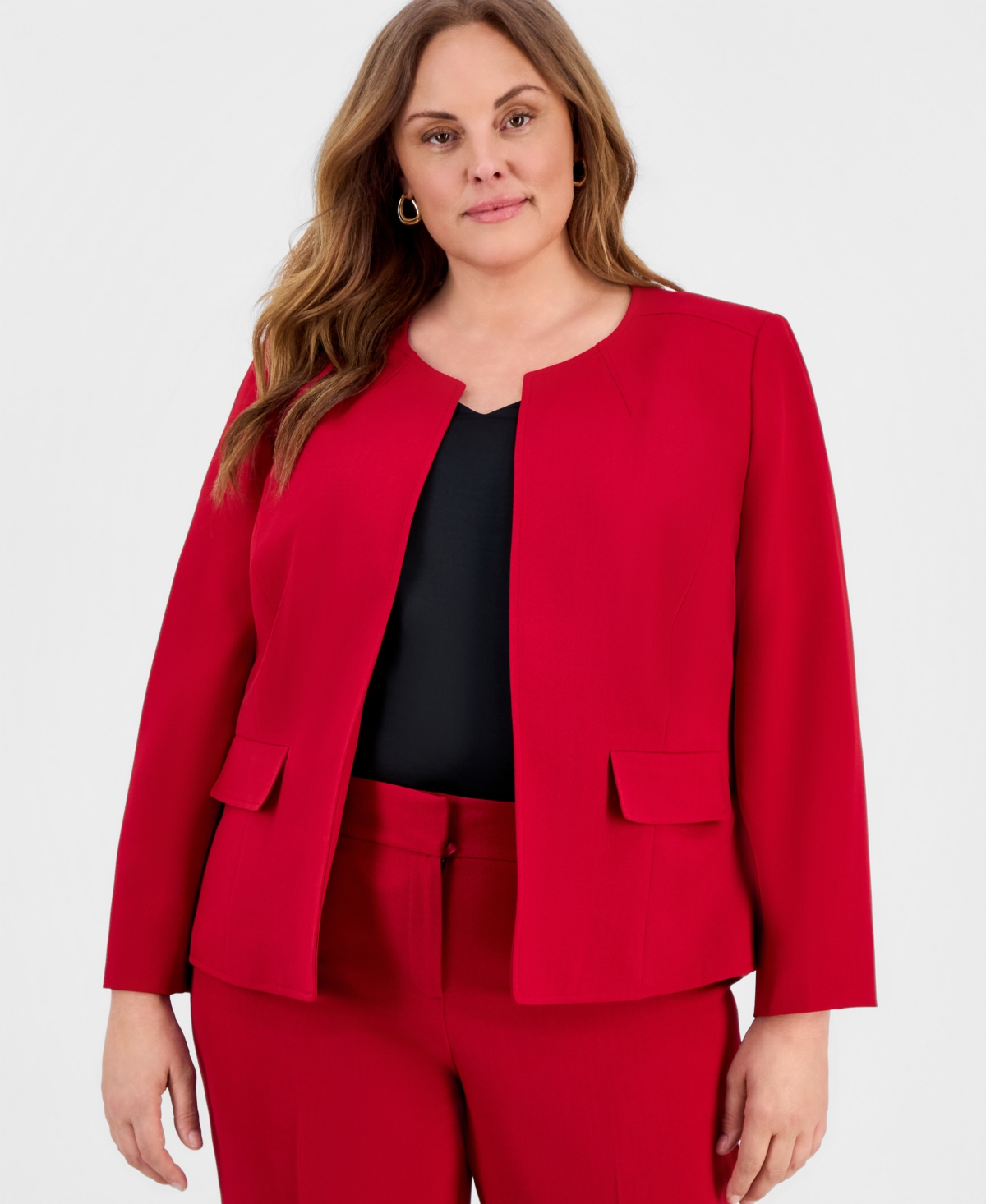 Kasper Plus Size Collarless Open-front Jacket In Red