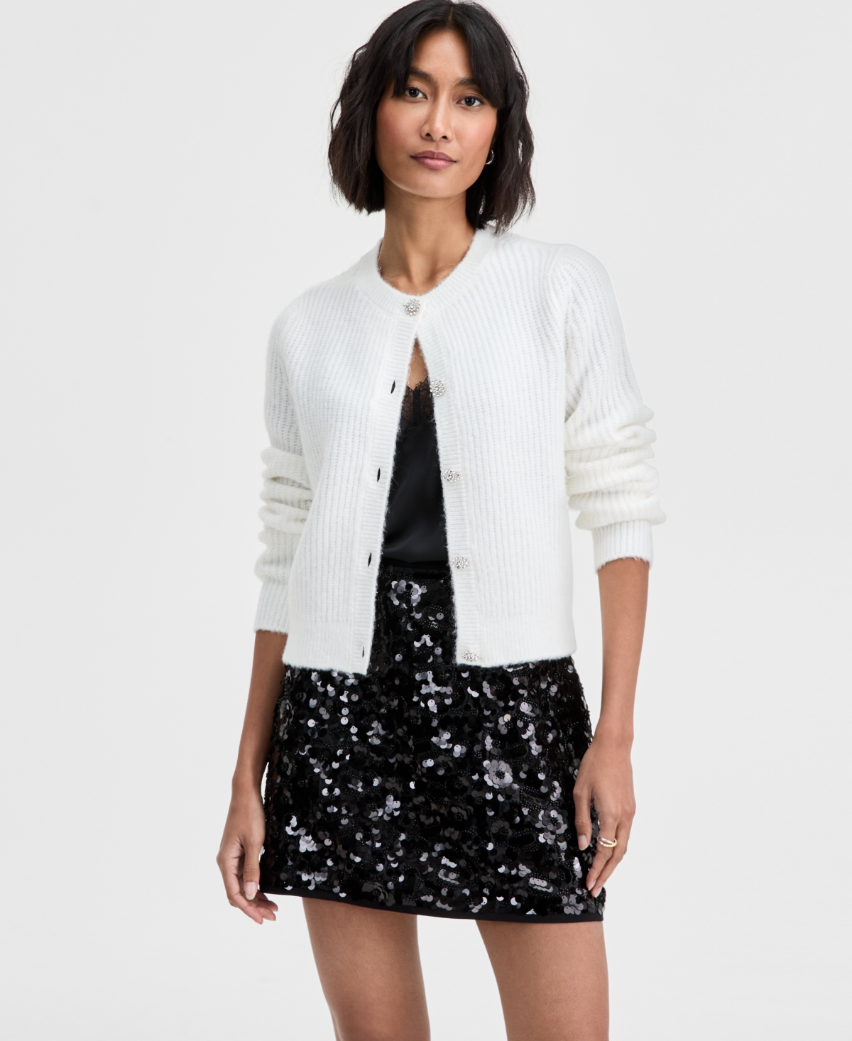 On 34th Women's Metallic-flecked Rhinestone-button Cardigan, Macy's Exclusive In White