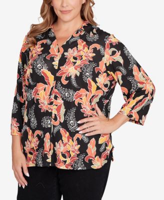 Plus Size Shirt Collar Floral Paisley Button Front Top