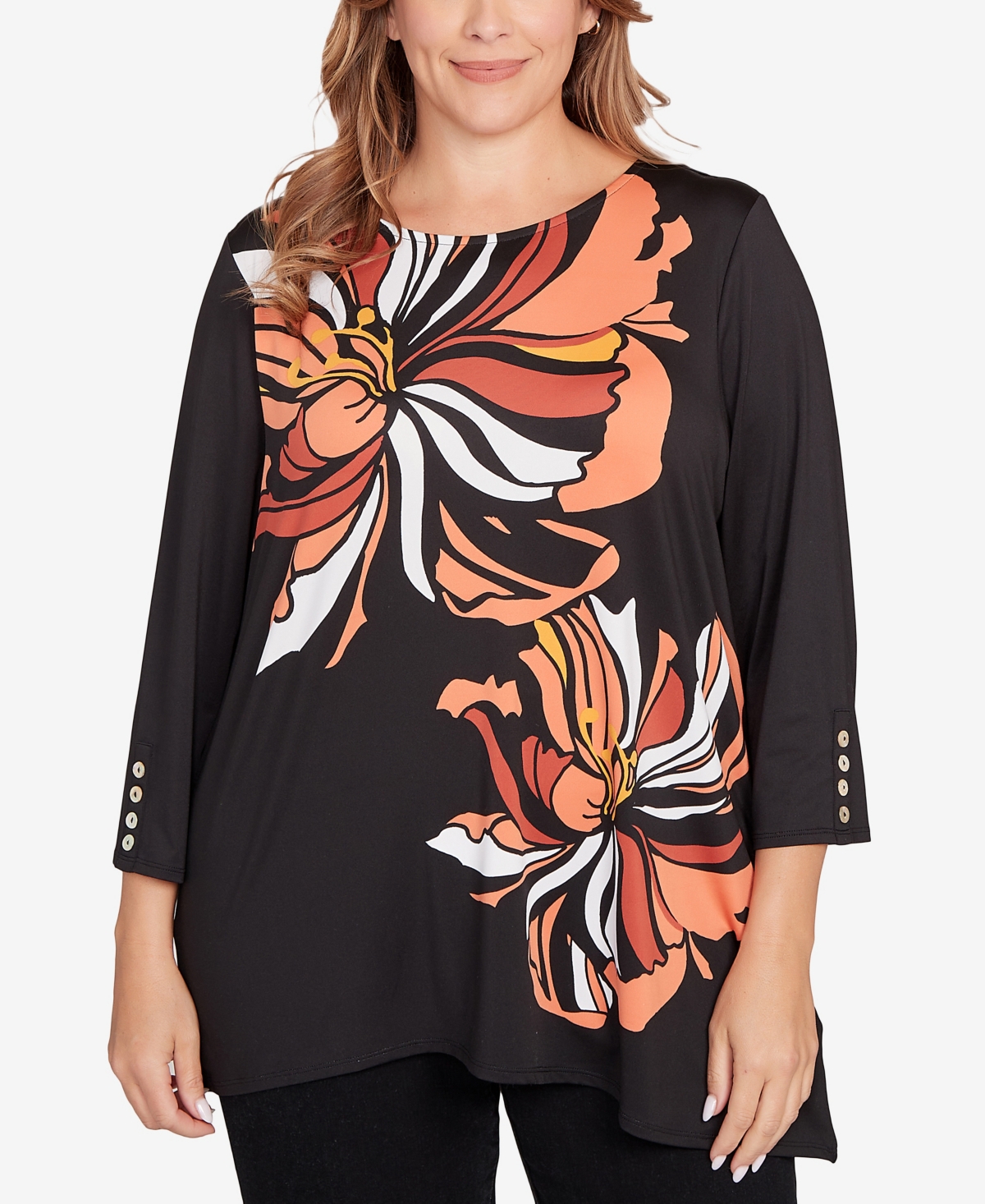 Ruby Rd. Plus Button Sleeve Bold Floral Top