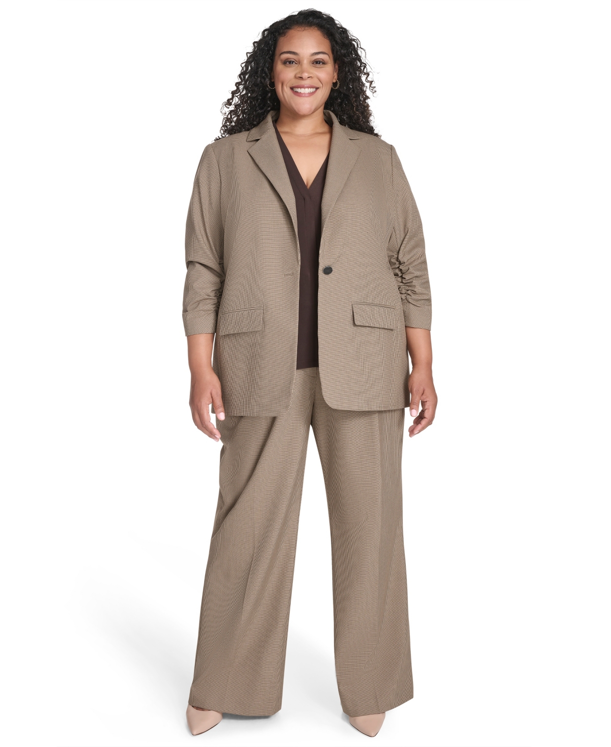 Calvin Klein Plus Size Check-print One-button 3/4-sleeve Jacket In Multi
