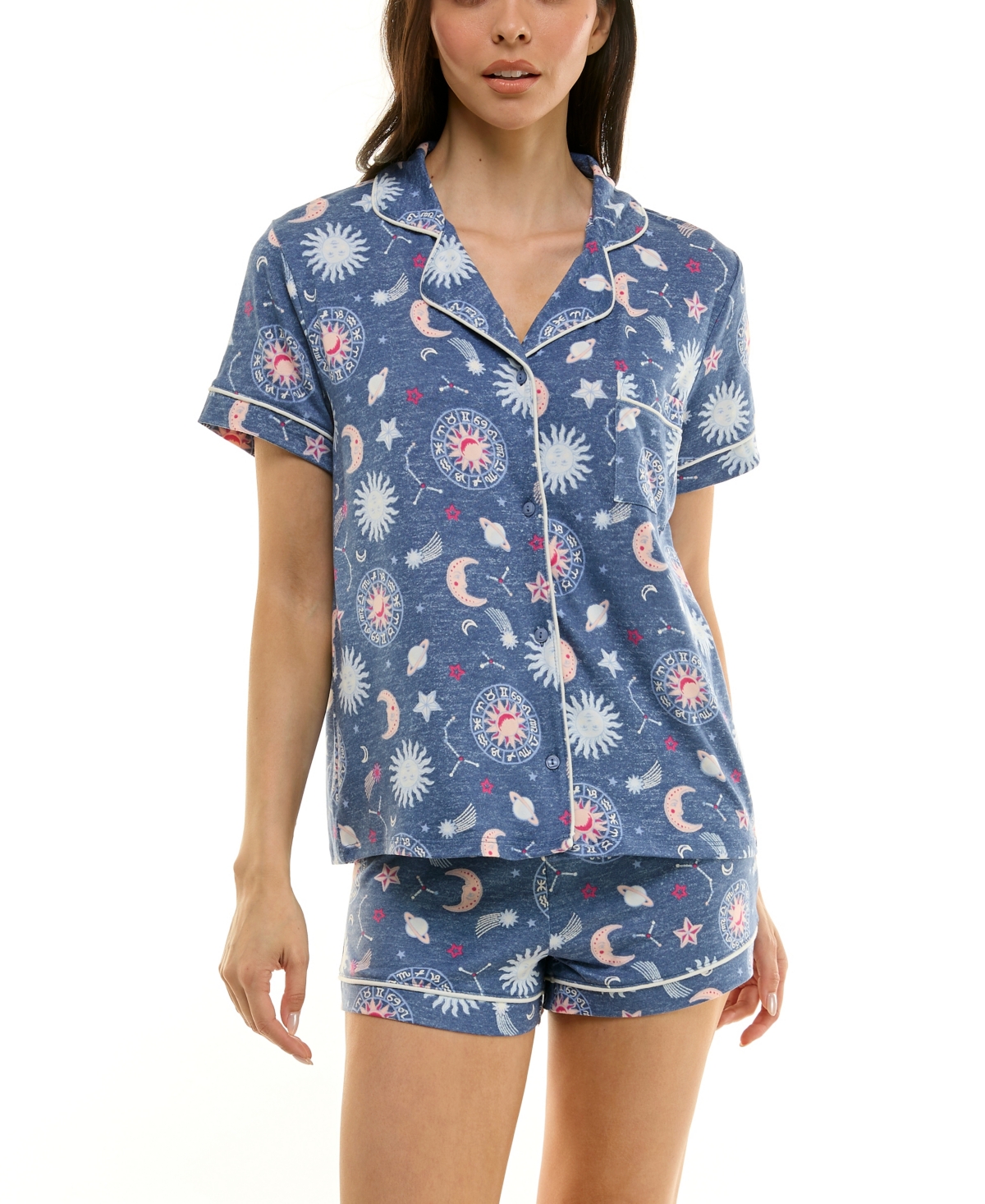 Derek Heart Women's Printed Top And Shorts Set In Blue