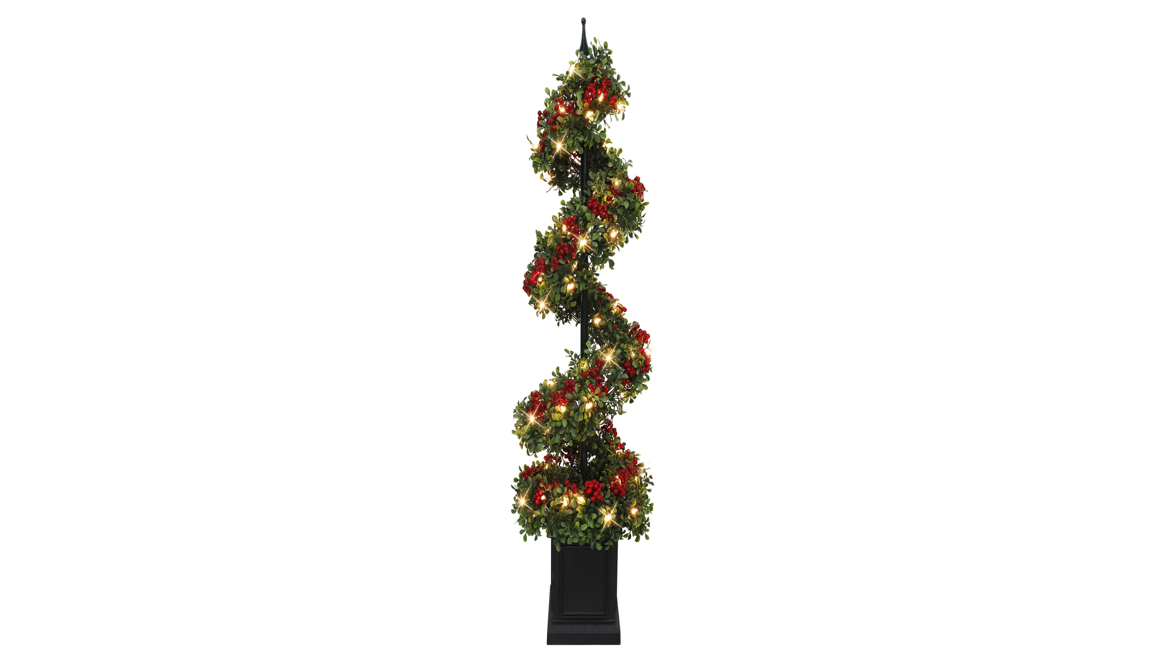 Puleo 4' Pre-Lit Artificial Potted Swirl Tree Adorned with Red Berries