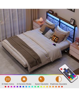 Twin Size Floating Bed Frame with LED Headboard & Charging Station No Box Spring Needed