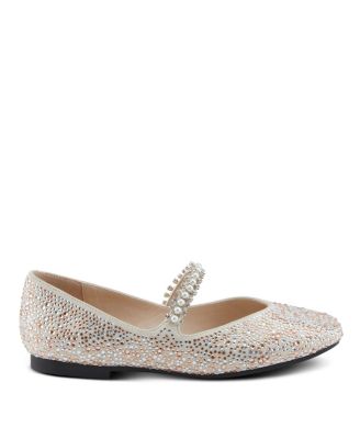 Women's Kailyn Jeweled Slip-On Flats with Crystal-Encrusted Upper, Stretch Strap with Pearls, Cushioned Insole, Slip-Resistant Rubber Outsole