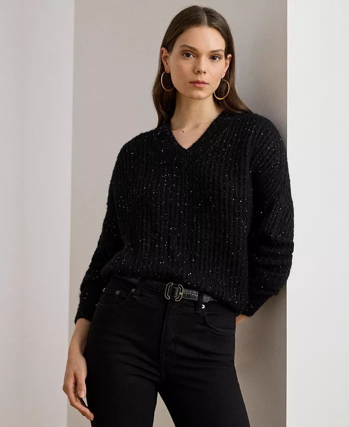 Women's Sequined Rib-Knit V-Neck Sweater