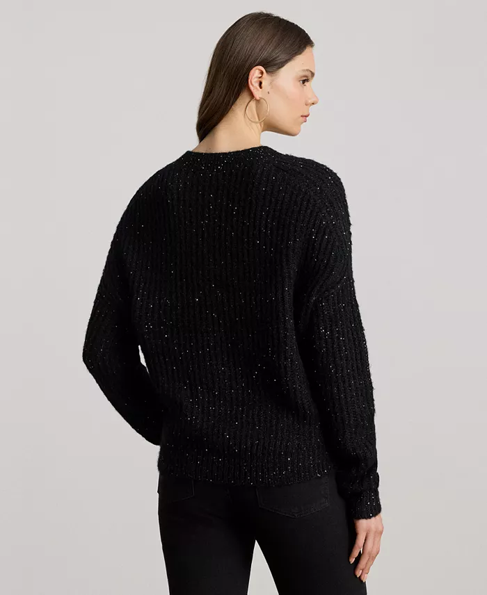 Women's Sequined Rib-Knit V-Neck Sweater - thumbnail 4