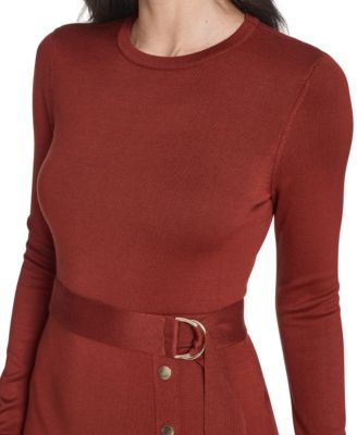 Women's Long Sleeve Belted Midi Dress