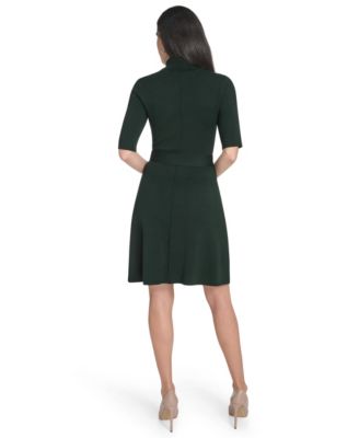 Women's Turtle Neck Elbow Sleeve Belted Dress
