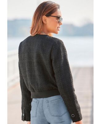 Women's Round Neckline Button Up Tweed Jacket