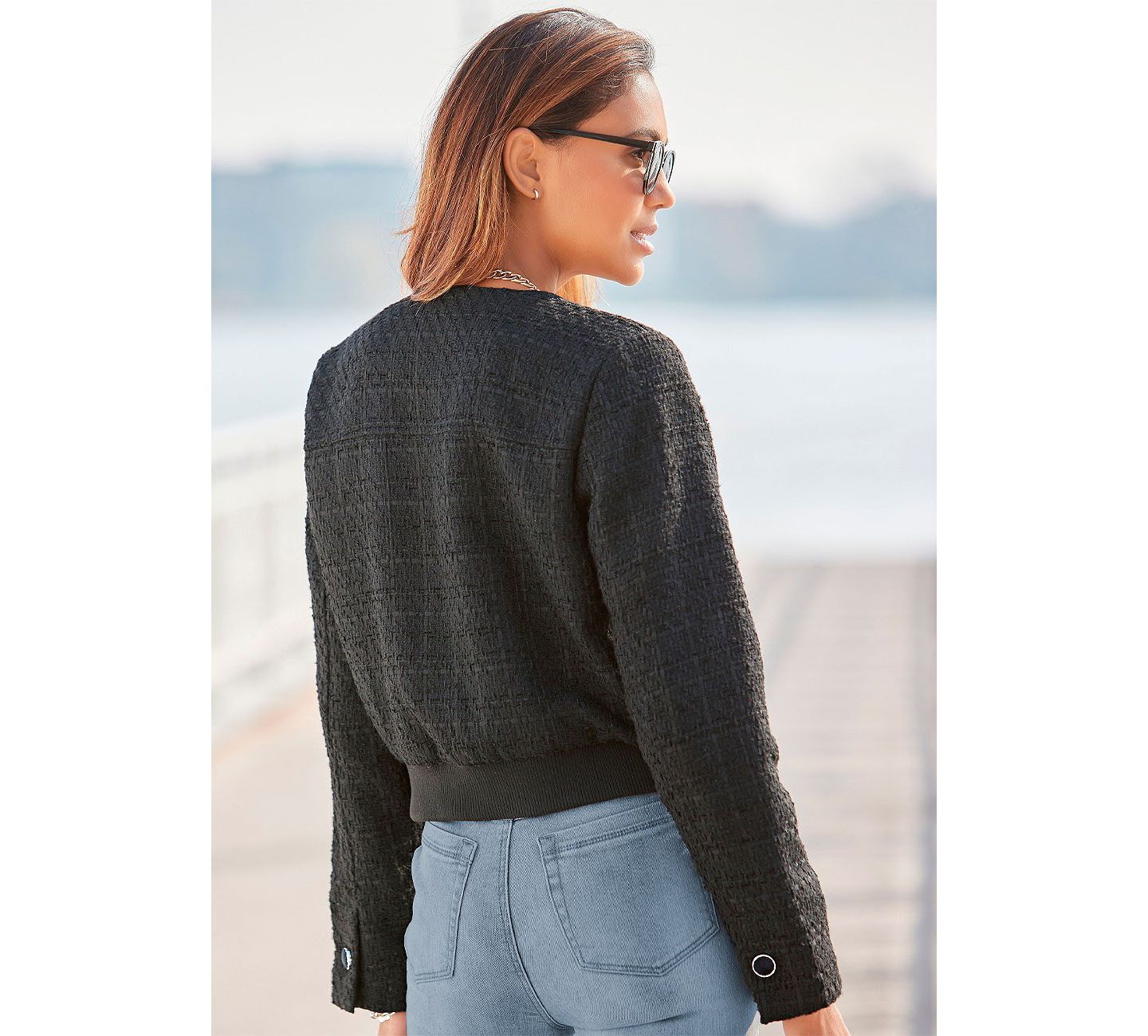 Женская куртка LASCANA Round Neckline Tweed with Pockets, цвет: Bk — фото 3