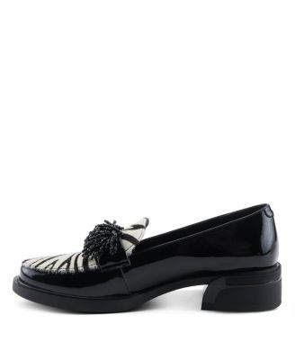 Women's Gogetter-Zeb Loafer Slip-ons with Patent and Zebra Print Upper,  Crystal Embellishment, Sculptural Block Heel, and Leather Insole