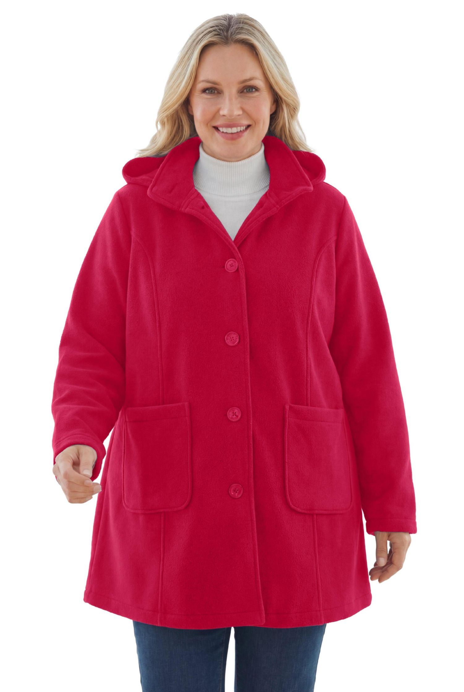 Plus Size Hooded A-Line Fleece Coat