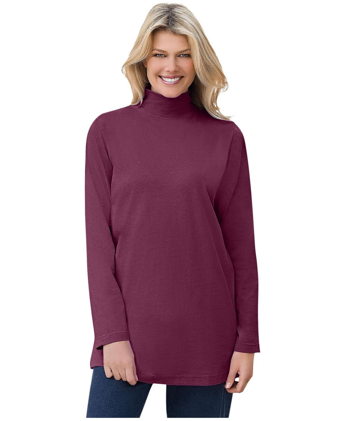 Женский топ Woman Within Plus Size Within Perfect Mockneck Tunic, цвет: Глубокий бордово-красный — фото 1