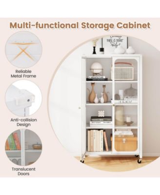 Storage Cabinet with Wheels & 2 Translucent Doors Adjustable Shelves Sideboard