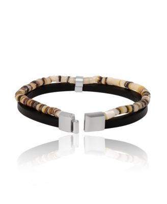 Mens Layered Bracelet with Wood Beads and Leather Strap - 8.5''