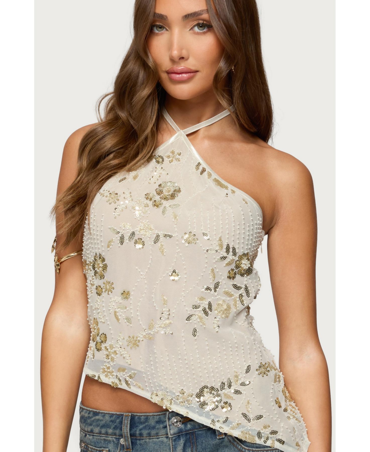 Edikted Womens Beaded Sequin Asymmetric Halter Top