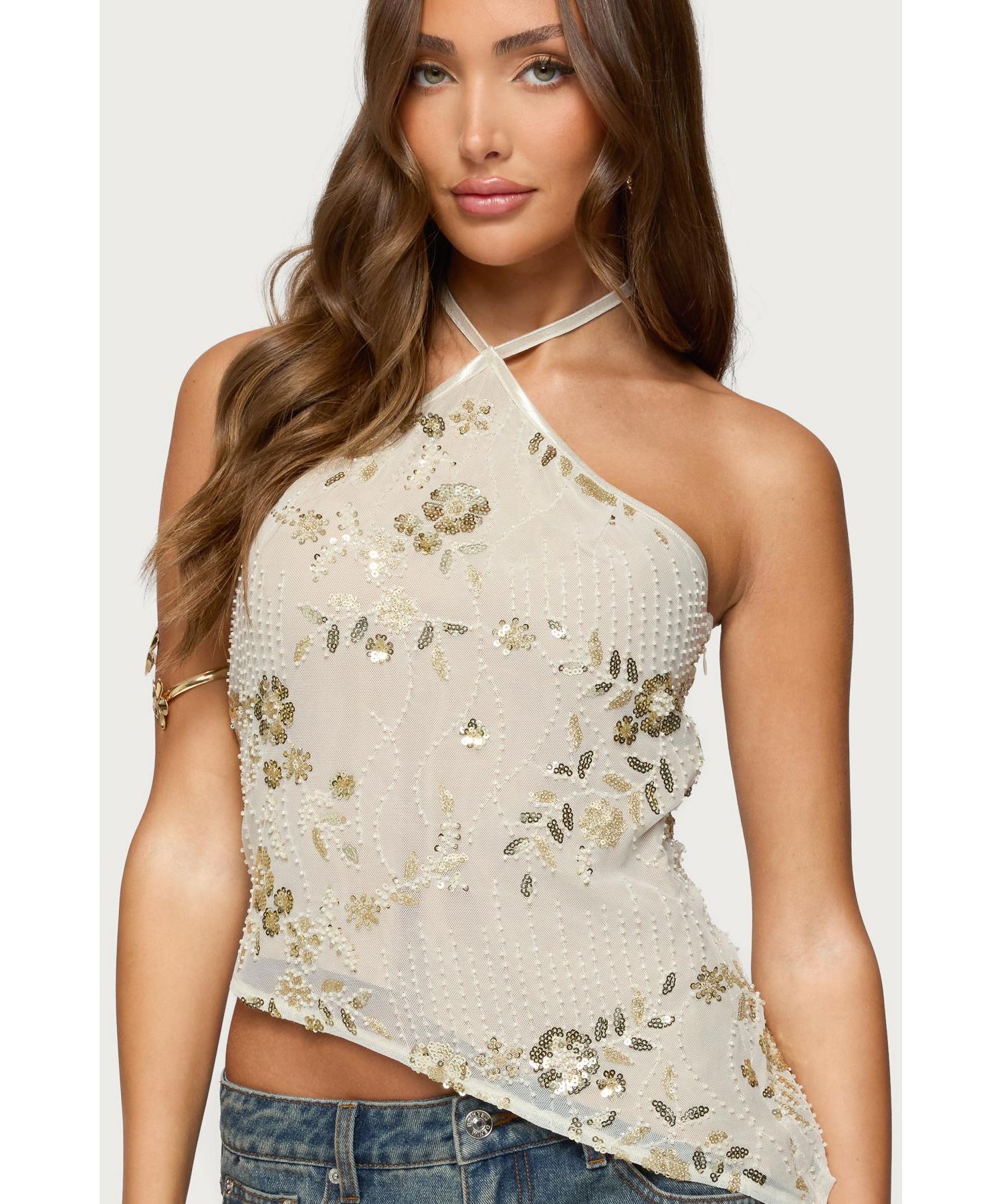 Womens Beaded Sequin Asymmetric Halter Top