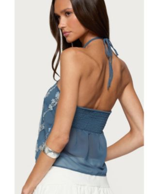 Women's Beaded Floral Split Front Halter Top