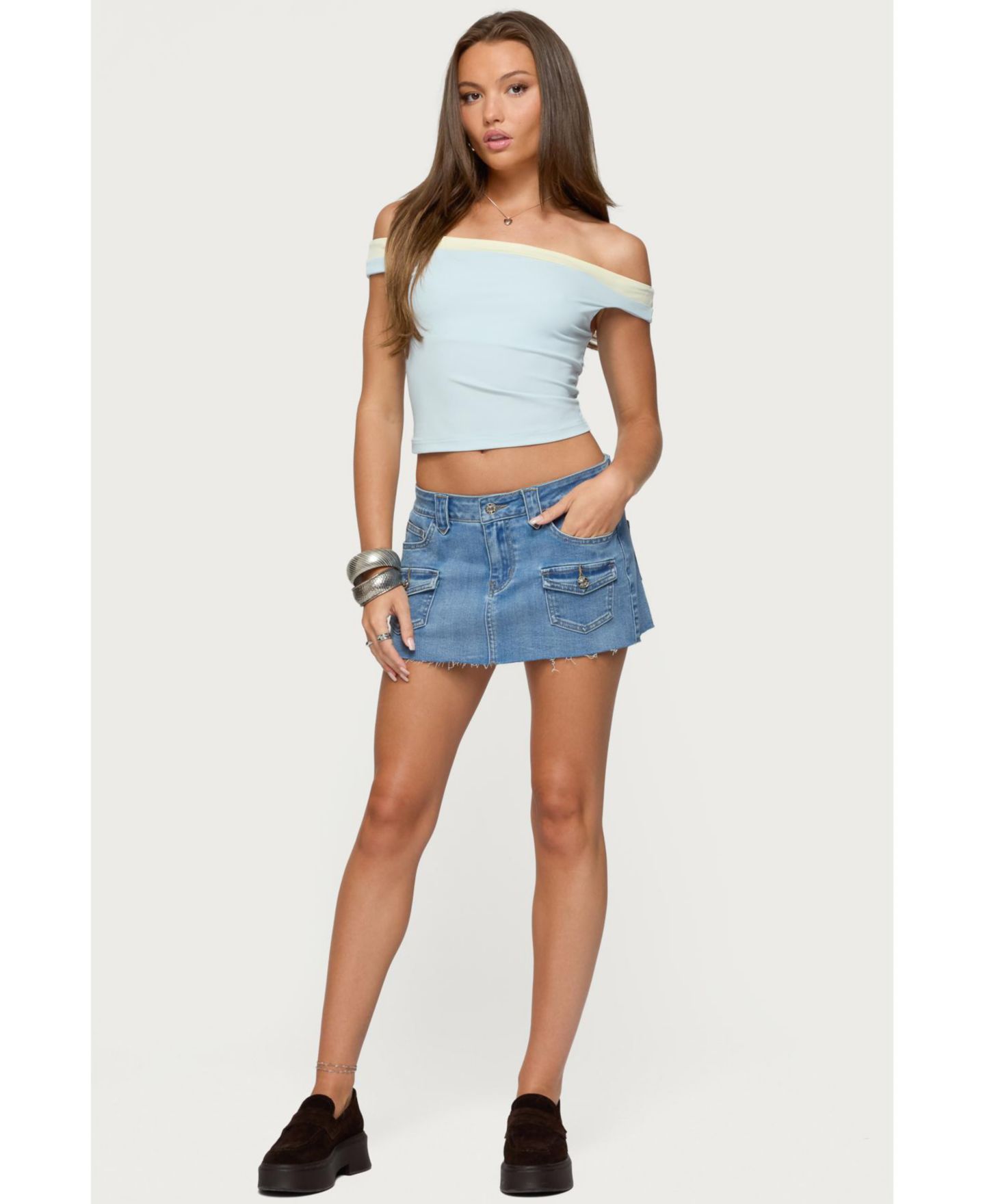 Женский топ Edikted Strada Contrast Off Shoulder, цвет: Светлый синий — фото 3