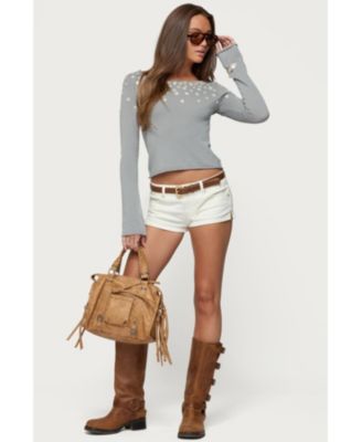 Womens Iridescent Button Boat Neck Top