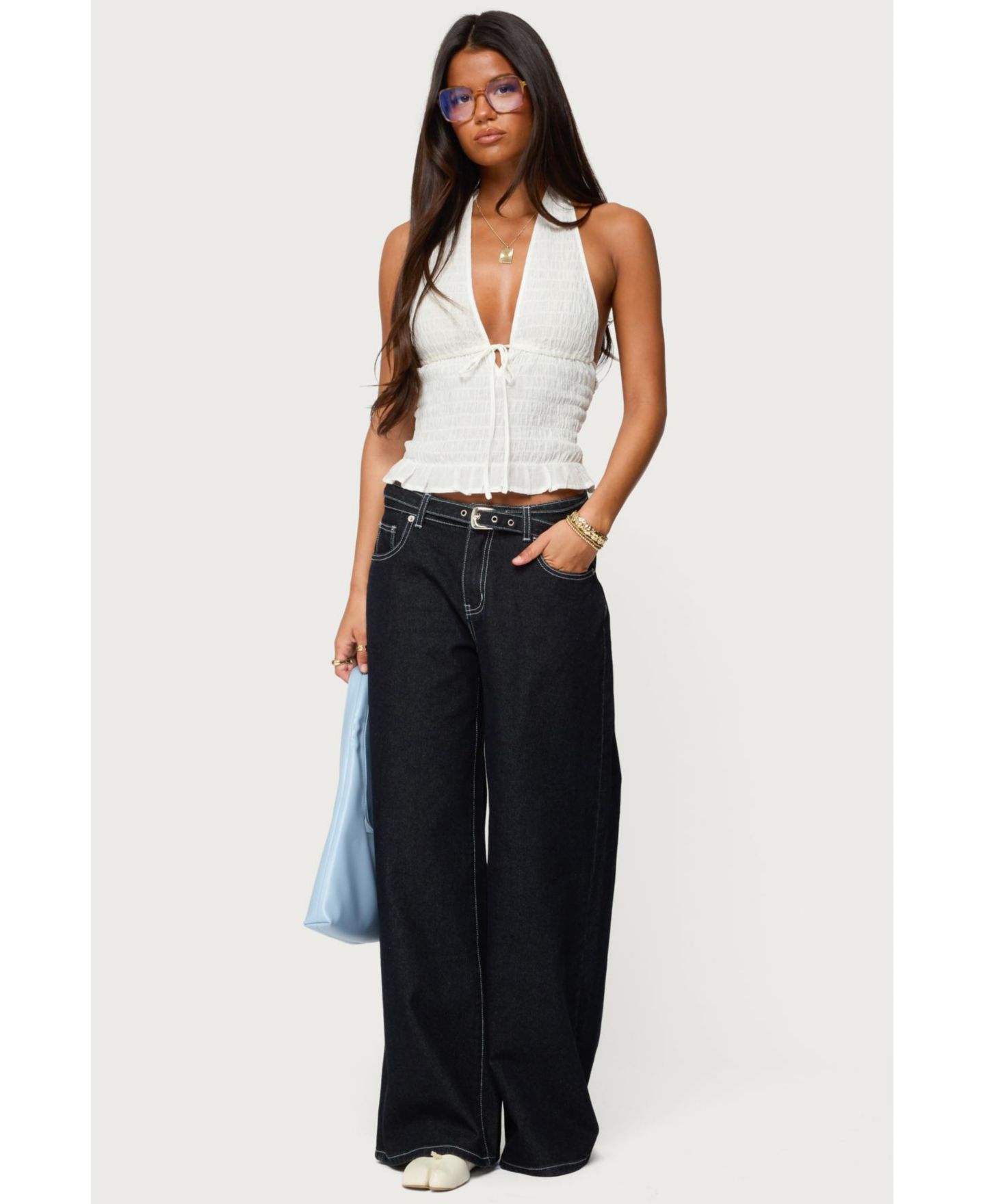 Женские джинсы Edikted Karah Belt Low Rise, цвет: Тёмный синий — фото 3