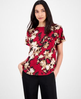 Anne Klein - Women's Printed Boat-Neck Short-Sleeve Top
