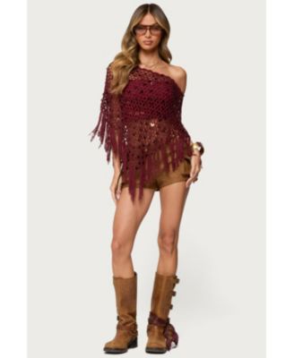Women's Fringe Sequin Crochet Poncho