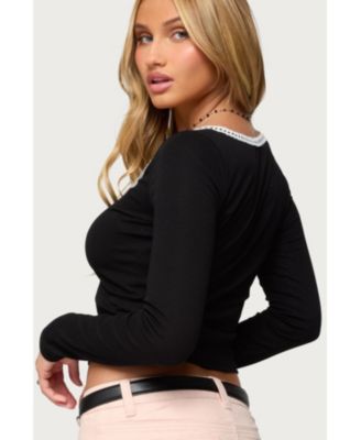 Womens Contrast Lacey Long Sleeve Top