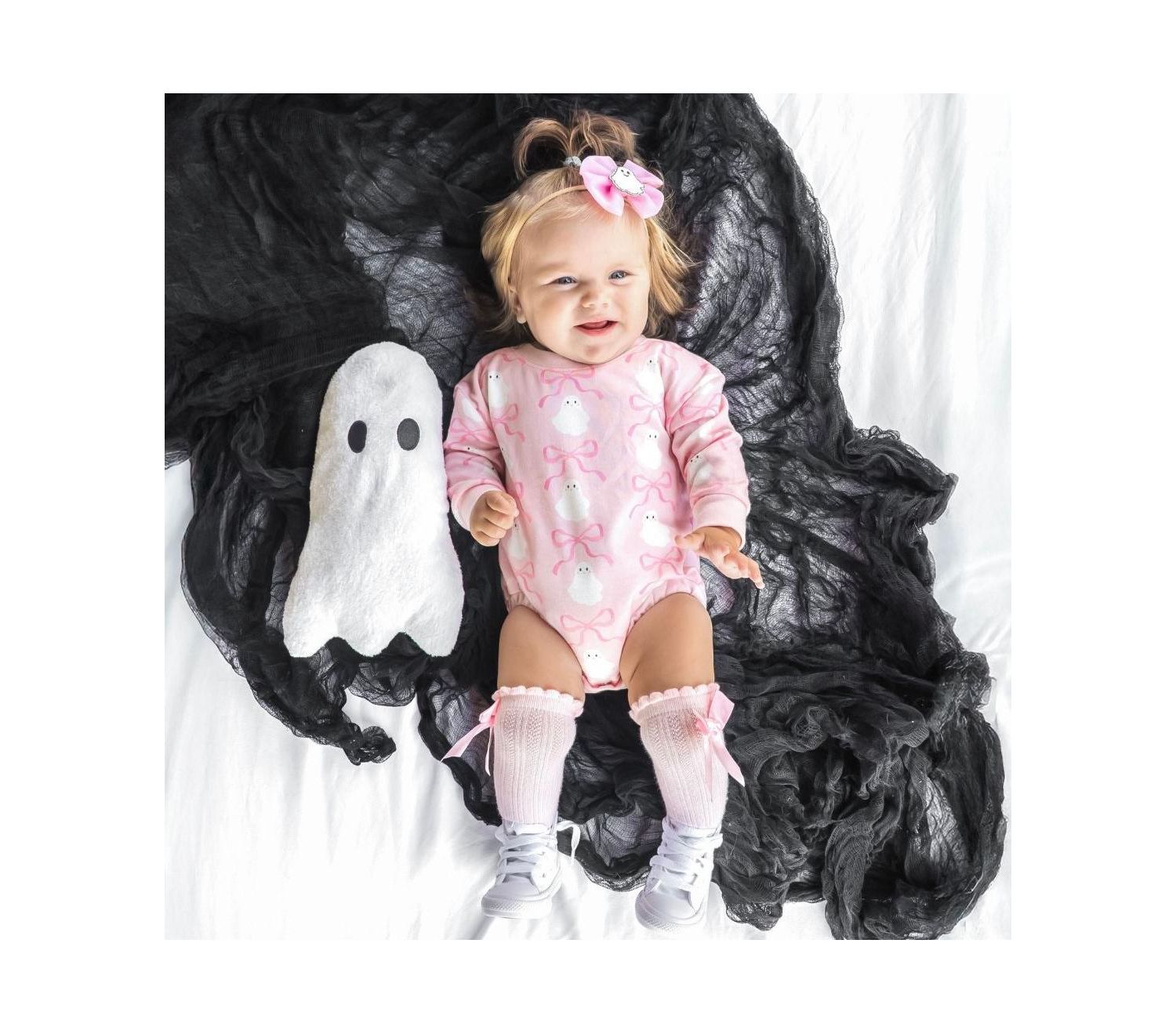 Baby Girl Coquette Ghost Halloween Long Sleeve Romper