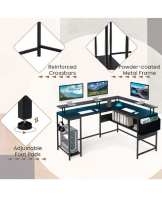 L-Shaped Gaming Desk w/ LED Lights & Power Outlets Monitor Stand Fabric Bag