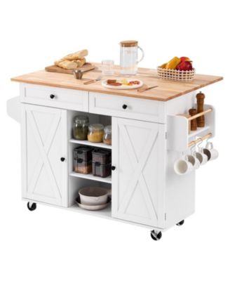 Rolling Kitchen Island Cart with Storage Cabinet, Drawer, and Drop Leaf Table