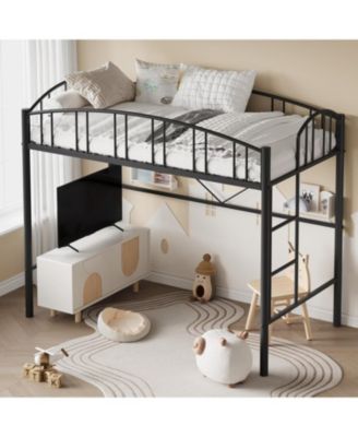 Loft Bed Twin Size, Heavy Duty Metal Loft Bed Frame with Arched Guardrail and Safety Ladder, Space-Saving, No Box Spring Needed, Matte Black
