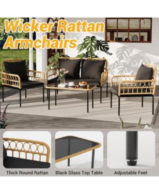 4 Pieces Patio Furniture Sets Wicker Outdoor Patio Table and Chairs Set with Glass Side Table, Loveseat Chairs, Boho Rattan Conversation Sets for Bistro, Apartment, Backyard, Porch, Black